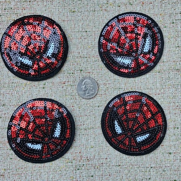 Lot of 4 Patches Red Sequins Sewing On Patches Red/Black Spider Web Round Patch - Picture 8 of 10